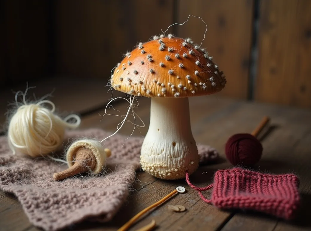 Darning mushroom and wool yarn used to repair a woolen sock with traditional mending tools