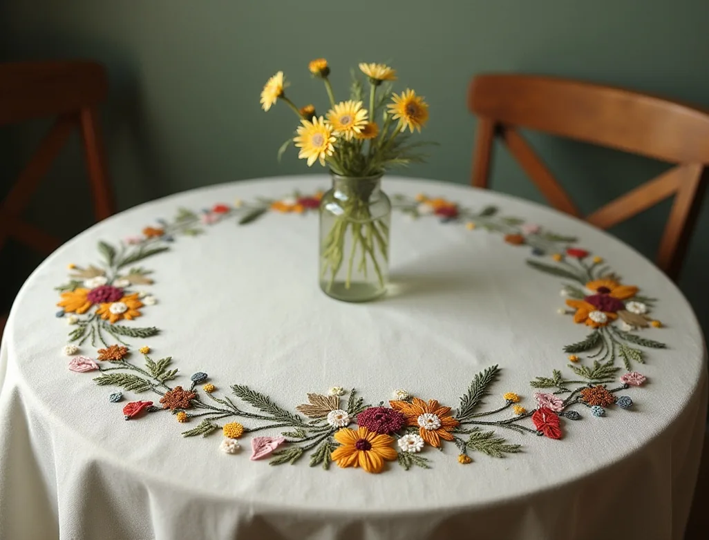 Embroidered wildflowers stitched on a faded vintage tablecloth with nostalgic mood