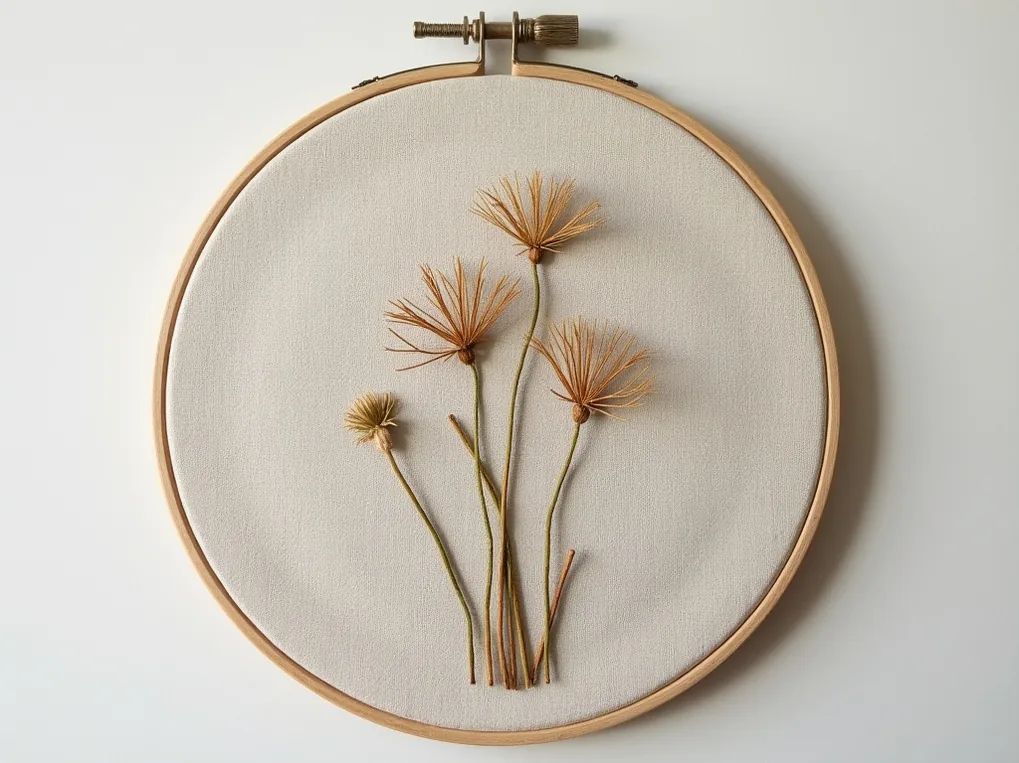 Minimalist embroidery on natural linen with plant dyed threads and earthy aesthetic