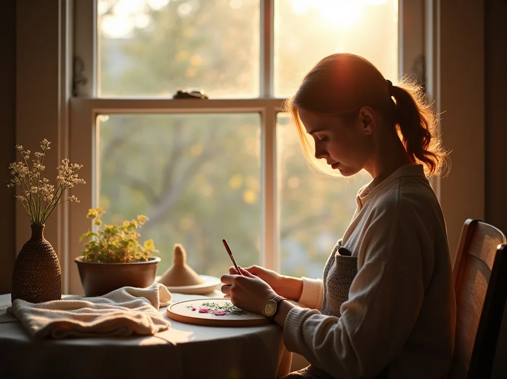 Person sitting by a window doing hand embroidery on a tote bag in a peaceful morning scene