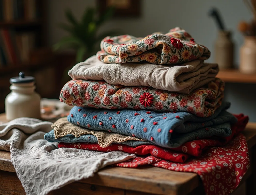 Pile of old clothes being repaired with decorative stitching in a cozy studio atmosphere