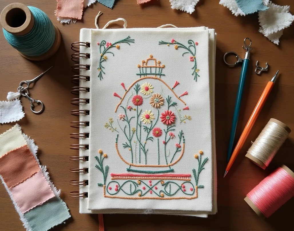 Slow stitching journal filled with fabric scraps and threads laid out on a wooden desk