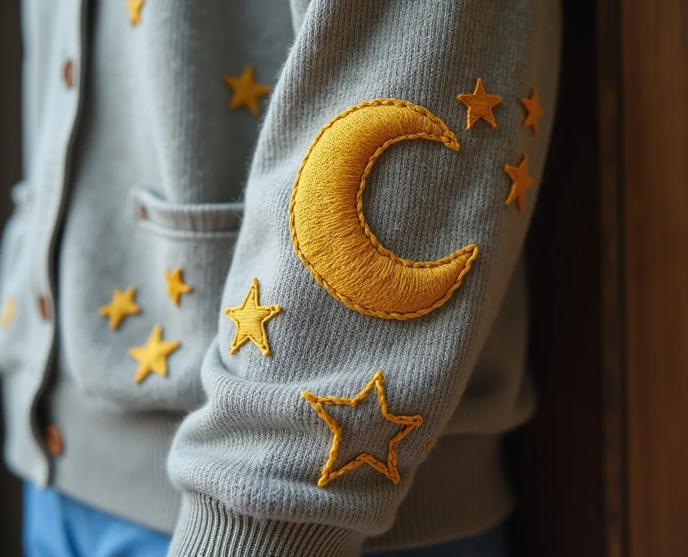 Torn elbow of a cardigan patched with embroidered moon and stars in a whimsical repair