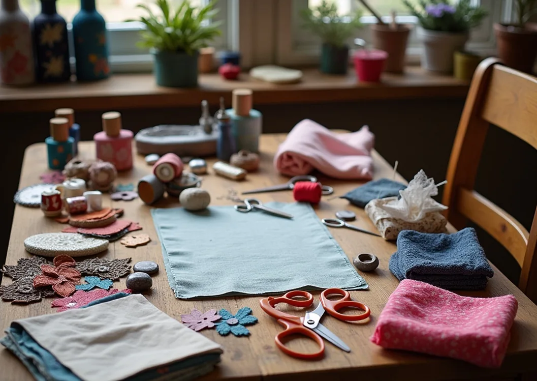 Visible mending workshop table arrangement with scissors thimbles and fabric scraps in organized chaos